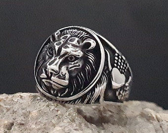 Silver Roaring Lion Men Ring, Wild Animal Jewelry, Lion King Ring For Men, Lion Head Ring for Him, 925 Sterling Silver Men Ring