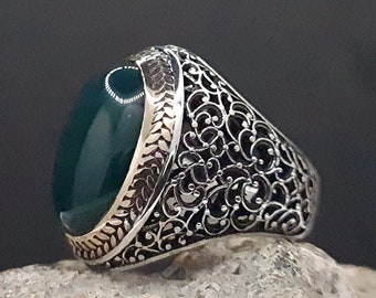 Handmade Green Aqeeq Gemstone Silver Men Ring, Big Agate Gemstone Ring for Men. Gift for Father, Big Oval  Cabochon Ring, Ring for Dad