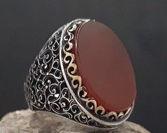 Agate Gemstone Silver Ring, Aqeeq Ring For Men, Sterling Silver Handmade Ring, Big Oval Gemstone Ring, Ivy Pattern Ring for Men, Gift to Him