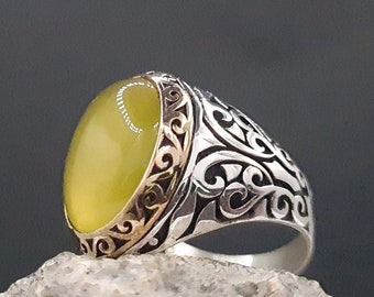 925k Sterling Silver, Handmade Graven Man Ring, Honey Yellow Agate Natural Gemstone, Best Gift for Dad, Anniversary Gift for Husband