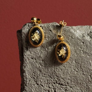 Rose Intaglio Baltic Amber Earrings, 925 Sterling Silver, Handmade