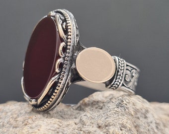 Turkish Artisan Handmade, Oval Cut, Engraved Agate Gemstone 925k Silver Men Ring, Aqeeq Gift for Muslim Friend, Father Birthday Gift