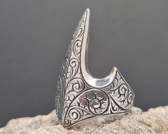 Handmade Thumb Ring 925 Sterling Silver, Turkish Style Archery Ring for Men, Birthday Gift Him, Embroidered Men Ring, Silver Gift for Him