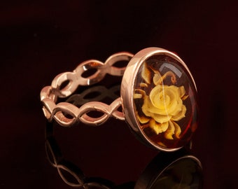 Sterling Silver Handmade, Intaglio Amber Women Ring, Rose Carved, Infinity Model,  Rose Gold Plated, Best Anniversary Gift for Wife