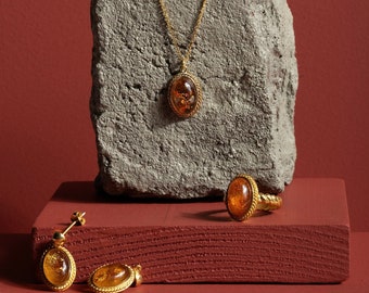 Handcrafted Baltic Cognac Amber Silver Jewelry Set