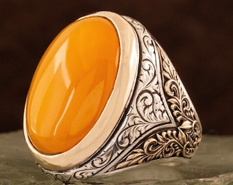 925k Sterling Silver, Engraving Orange Agate Gemstone Ring, Oval Cabochon Cut, Yellow Aqeeq Silver Men Ring, Other Gemstones Available