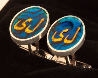 Personalized Cufflinks, Arabic Letter Cufflinks, Handmade Unique Engraving Silver Cufflinks Ocean's Mother of Pearl - Blue Abalone Cufflinks