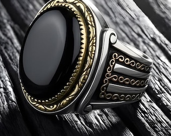 Handgemaakte sterlingzilveren zegelring met zwarte onyx, ambachtelijk vervaardigd