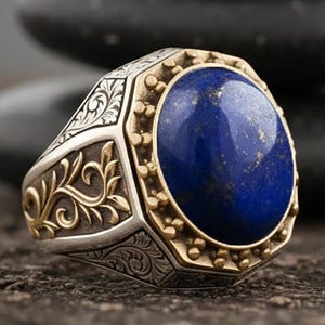 Könnte beinhalten: Ein silberner und goldener Ring mit einem großen, ovalen, tiefblauen Stein. Der Ring hat verzierte Filigranarbeiten und eine goldene Lünette. Im Hintergrund ein Stapel dunkelgrauer Steine.