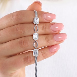 Handmade Sterling Silver Baguette Zircon Bracelet