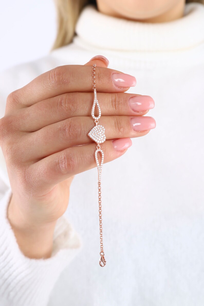Silver Heart Bracelet For Women, Dainty Heart Jewelry, Minimalist Bracelet To Gift For Her, Gift For Girlfriend, Zircon Bracelet image 3