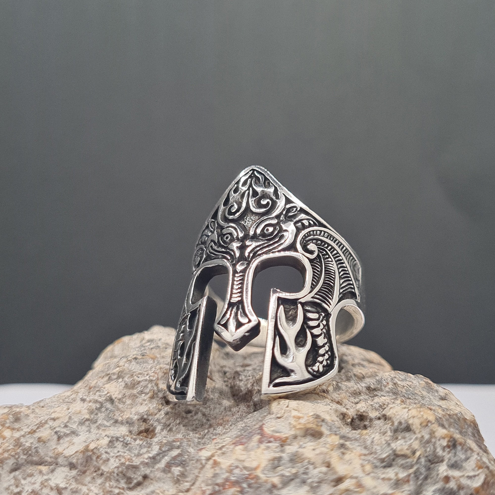 Solid 925 Sterling Silver Warrior Helmet Men's Ring With Garnet Stone - Bold & Masculine Design