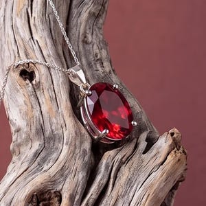 Oval Ruby Red Zircon Pendant Necklace, 925 Sterling Silver Solitaire Statement Jewelry