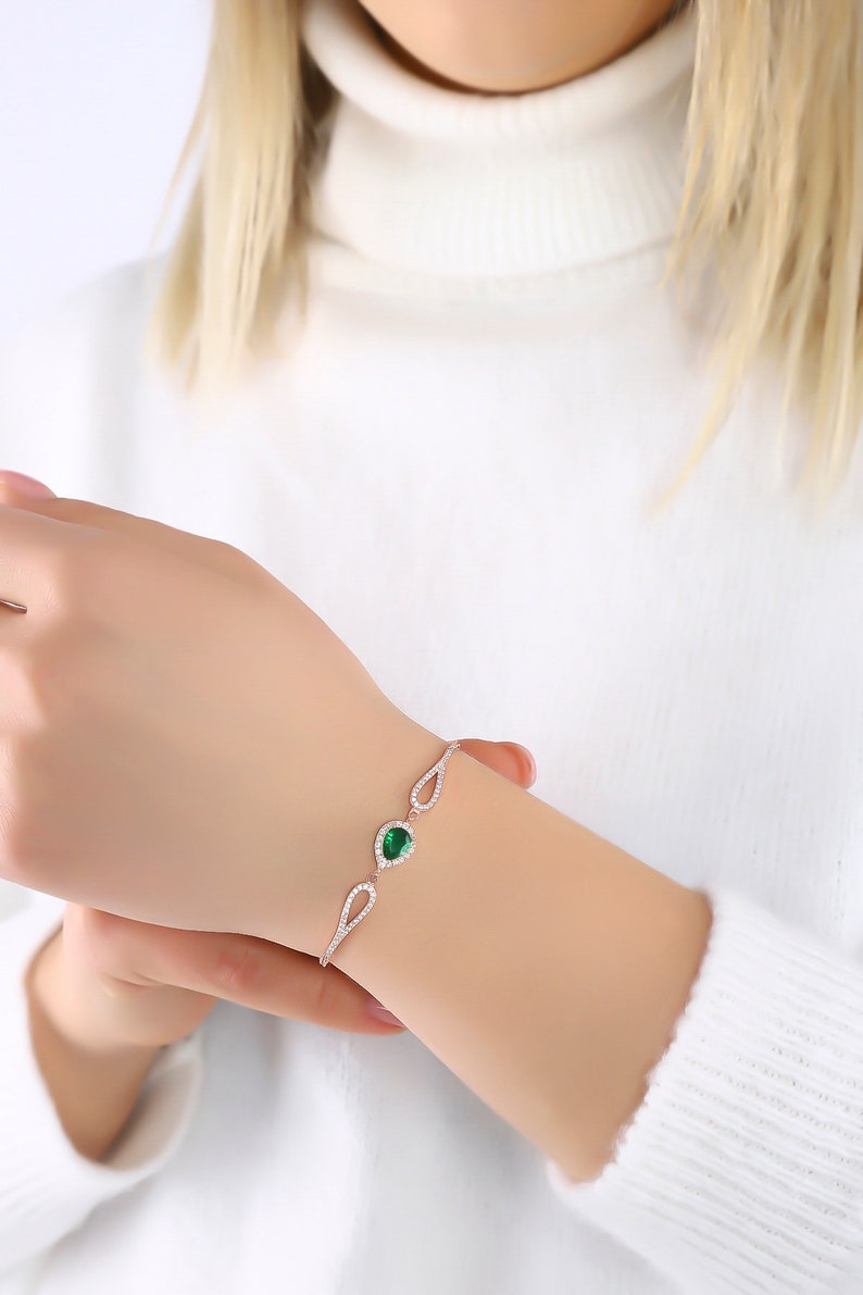 925k Sterling Silver, Minimal Zircon Bracelet, Green Zircon Gemtone, Bracelet with Chain, Minimalist Jewelry, Gift for Wife, Dainty Bracelet image 2