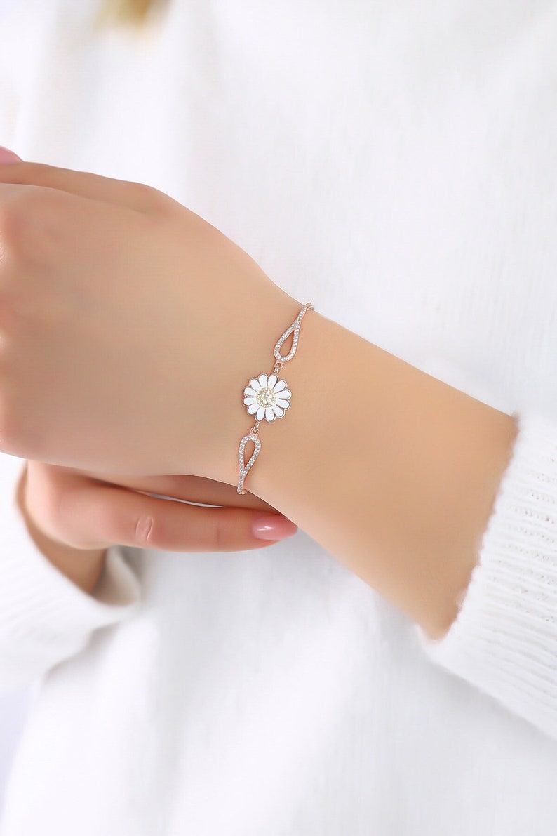 Sterling Silver Daisy Charm Bracelet, Elegant Jewellery, Zircon Stone Chain Bracelet, Zircon Bracelet, Gifts For Her, Bridesmaid Gift image 2