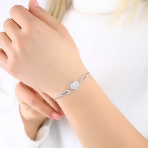 Silver Heart Bracelet For Women, Dainty Heart Jewelry, Minimalist Bracelet To Gift For Her, Gift For Girlfriend, Zircon Bracelet image 4