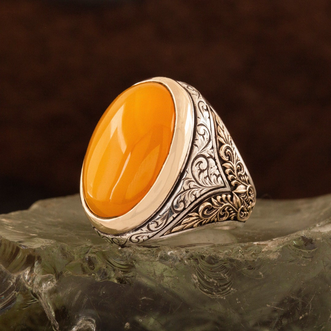 925k Sterling Silver Engraving Orange Agate Gemstone Ring Etsy