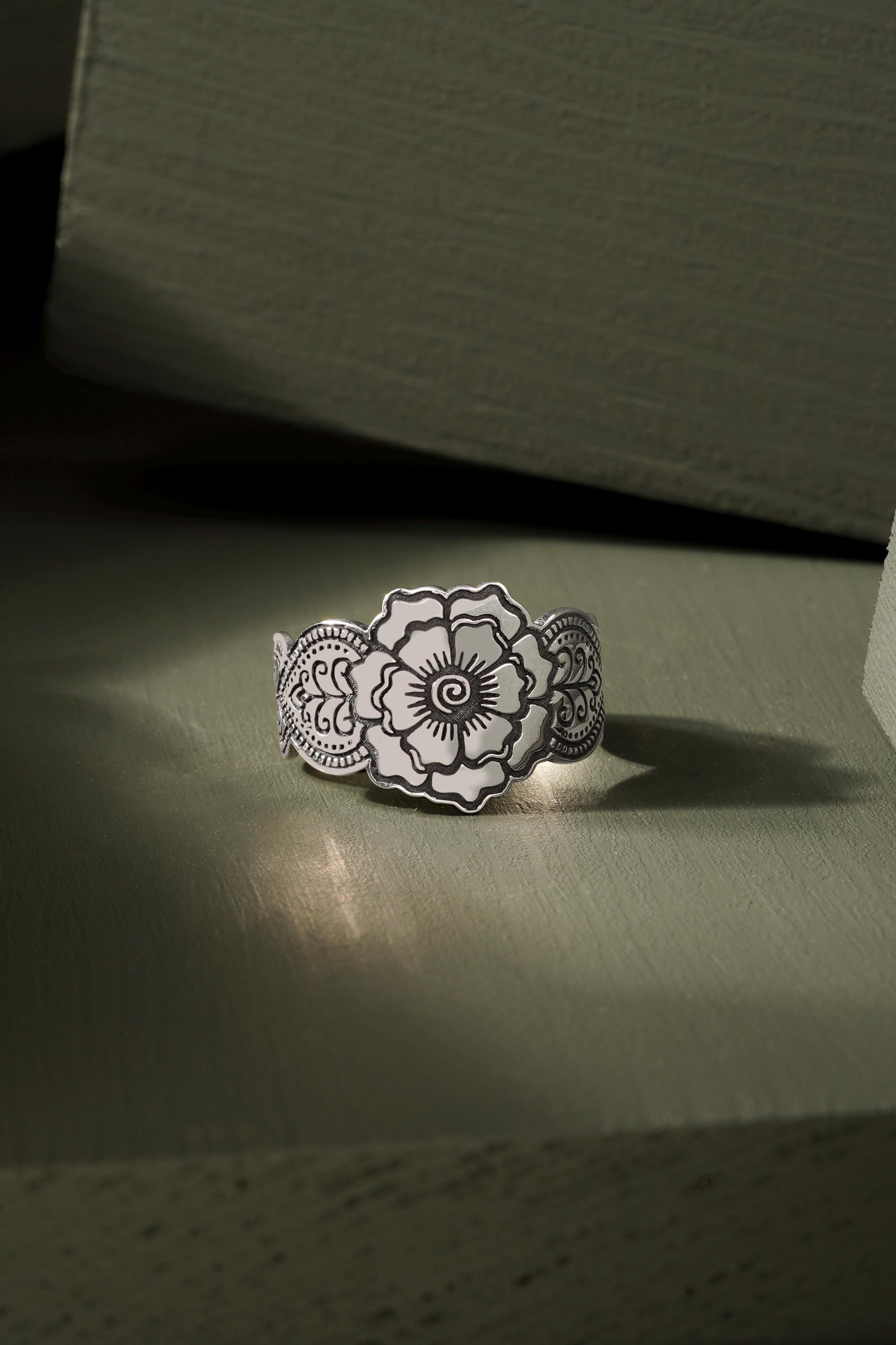 Anello Argento 925 Floreale Solido – Fatto A Mano In Bulgaria, Regolabile, Senza Pietra - 3