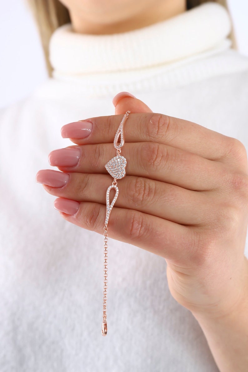 Silver Heart Bracelet For Women, Dainty Heart Jewelry, Minimalist Bracelet To Gift For Her, Gift For Girlfriend, Zircon Bracelet image 1