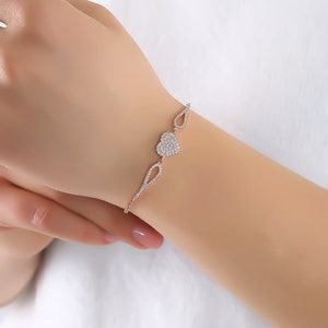 Silver Heart Bracelet For Women, Dainty Heart Jewelry, Minimalist Bracelet To Gift For Her, Gift For Girlfriend, Zircon Bracelet image 2