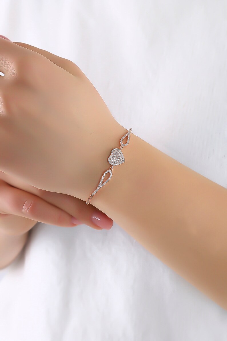 Silver Heart Bracelet For Women, Dainty Heart Jewelry, Minimalist Bracelet To Gift For Her, Gift For Girlfriend, Zircon Bracelet image 2
