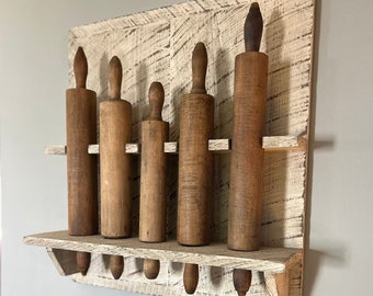 Primitive Farmhouse Cottage Antique Rolling Pin Rack OOAK Wooden Wall Bread Board Keep