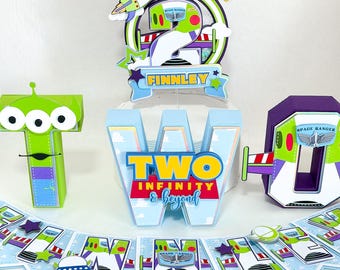 Toy Story Birthday Decorations Bundle | Buzz Lightyear Cake Topper, Name Banner & 3D Letter | Personalized Party Decor
