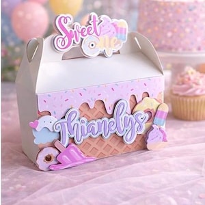 May include: A white gift box with a pink and purple ice cream theme. The box has a waffle cone design and is decorated with various sweets, including donuts and ice cream. The text "Sweet One" and "Thianely's" are visible on the box.