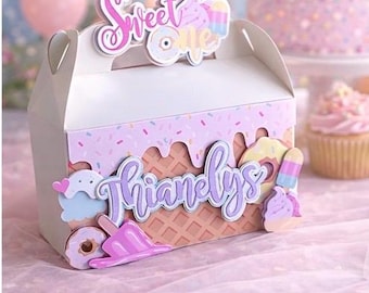Sweet One Favor Boxes | Ice Cream Birthday Party Boxes | Personalized Name Treat Boxes | First Birthday Girl Party Decor | Dessert Theme