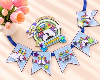 Toy Story Birthday Decorations Bundle | Personalized Cake Topper & Happy Birthday Banner | Buzz Lightyear Party Decor
