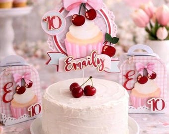 Cherry Sweet One Birthday Bundle/Cake Topper and Favor Boxes/ Youre the Cherry on Top Party Decor /First Birthday Girl Decorations