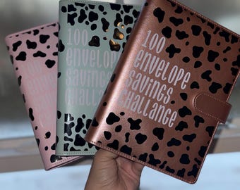 100 envelope challange, saving challange binder, budget book, A5 budget binder, cow print budget binder, money binder, cash envelopes