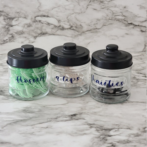 Set of Three Bathroom Storage Jars with Personalized Labels | Glass Jar with Metal Lid | Bathroom Organization | Flosser, Q-tip, Cotton Ball