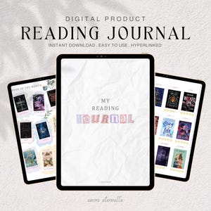 Peut inclure: Image d'un produit numérique avec trois tablettes noires affichant un journal de lecture. La tablette centrale affiche "My Reading Journal" en lettres pastel. Les autres tablettes présentent des couvertures de livres. Le texte en haut indique "Reading Journal".