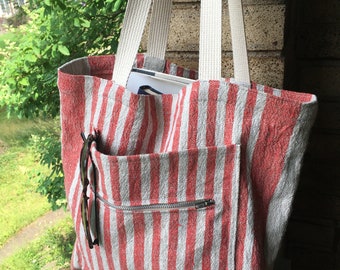 Narrow Stripe Linen Tote with Zippered Pocket