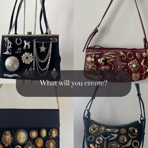 May include: Four handbags decorated with various metal brooches and pins. The top left is black with silver charms, the top right is burgundy with gold-tone pins, the bottom left is black with cameo brooches, and the bottom right is black with gold-tone pins.