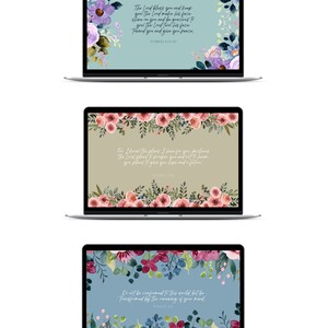 May include: Three laptop computer screens with floral designs and inspirational quotes. The first screen has a blue background with purple and white flowers and the quote "The Lord bless you and keep you the Lord make his face shine on you and be gracious to you the Lord lift his face toward you and give you peace, Numbers 6:24-26". The second screen has a green background with pink flowers and the quote "For I know the plans I have for you, declares the Lord, plans to prosper you and not to harm you, plans to give you hope and a future, Jeremiah 29:11". The third screen has a blue background with red and blue flowers and the quote "Do not be conformed to this world but be transformed by the renewing of your mind, Romans 12:2".
