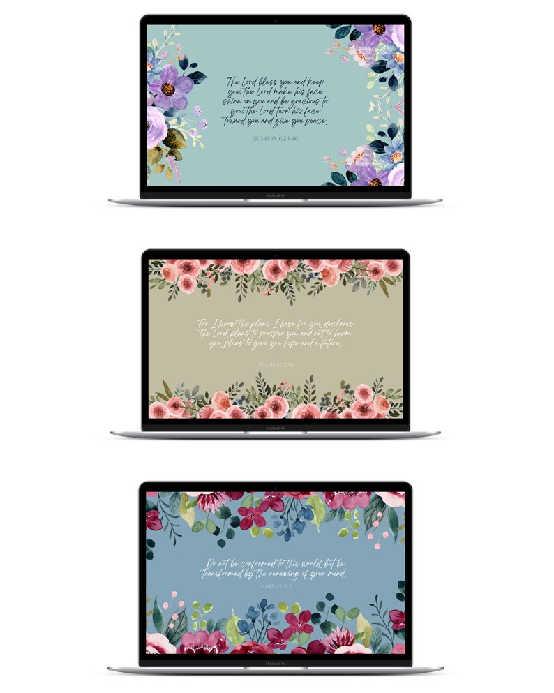 May include: Three laptop computer screens with floral designs and inspirational quotes. The first screen has a blue background with purple and white flowers and the quote "The Lord bless you and keep you the Lord make his face shine on you and be gracious to you the Lord lift his face toward you and give you peace, Numbers 6:24-26". The second screen has a green background with pink flowers and the quote "For I know the plans I have for you, declares the Lord, plans to prosper you and not to harm you, plans to give you hope and a future, Jeremiah 29:11". The third screen has a blue background with red and blue flowers and the quote "Do not be conformed to this world but be transformed by the renewing of your mind, Romans 12:2".