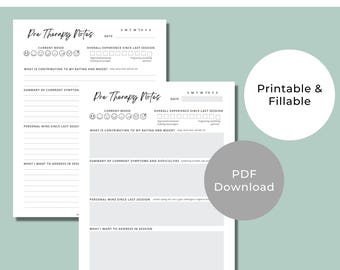 May include: A white digital document titled Pre Therapy Notes with sections for date, day of the week, current mood icons, overall experience, and lined spaces for symptoms, personal wins, and session goals. Includes text Printable & Fillable.