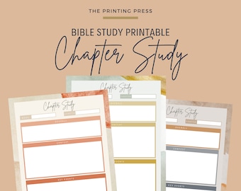 May include: Printable Bible study sheets with the text "Chapter Study" in a handwritten font. The sheets have sections for book, chapter, overall, context, and key events. The background is a neutral color palette.