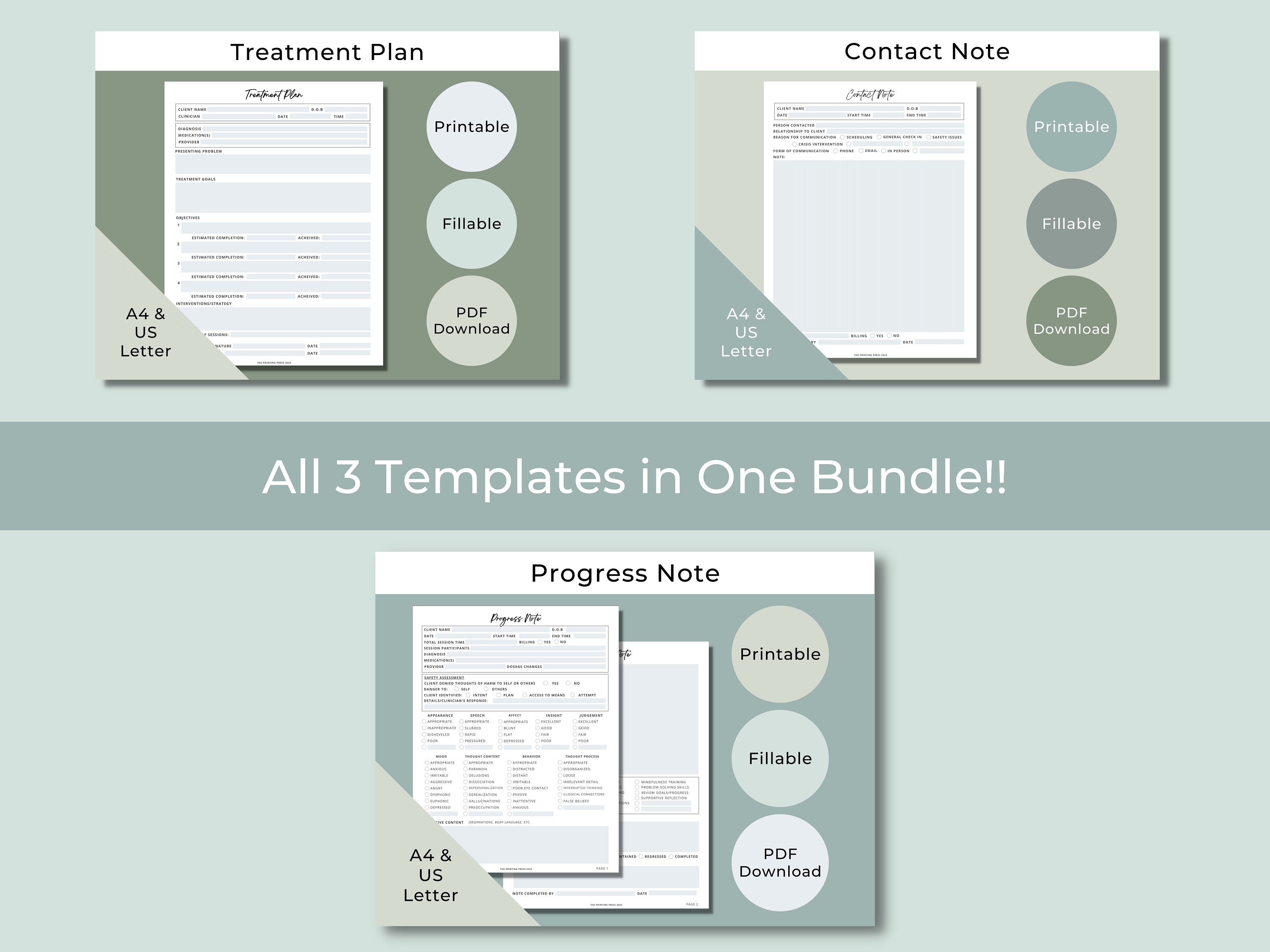 Therapy Notes Bundle, Progress, Contact & Treatment Plan (A4 PDF) - Etsy