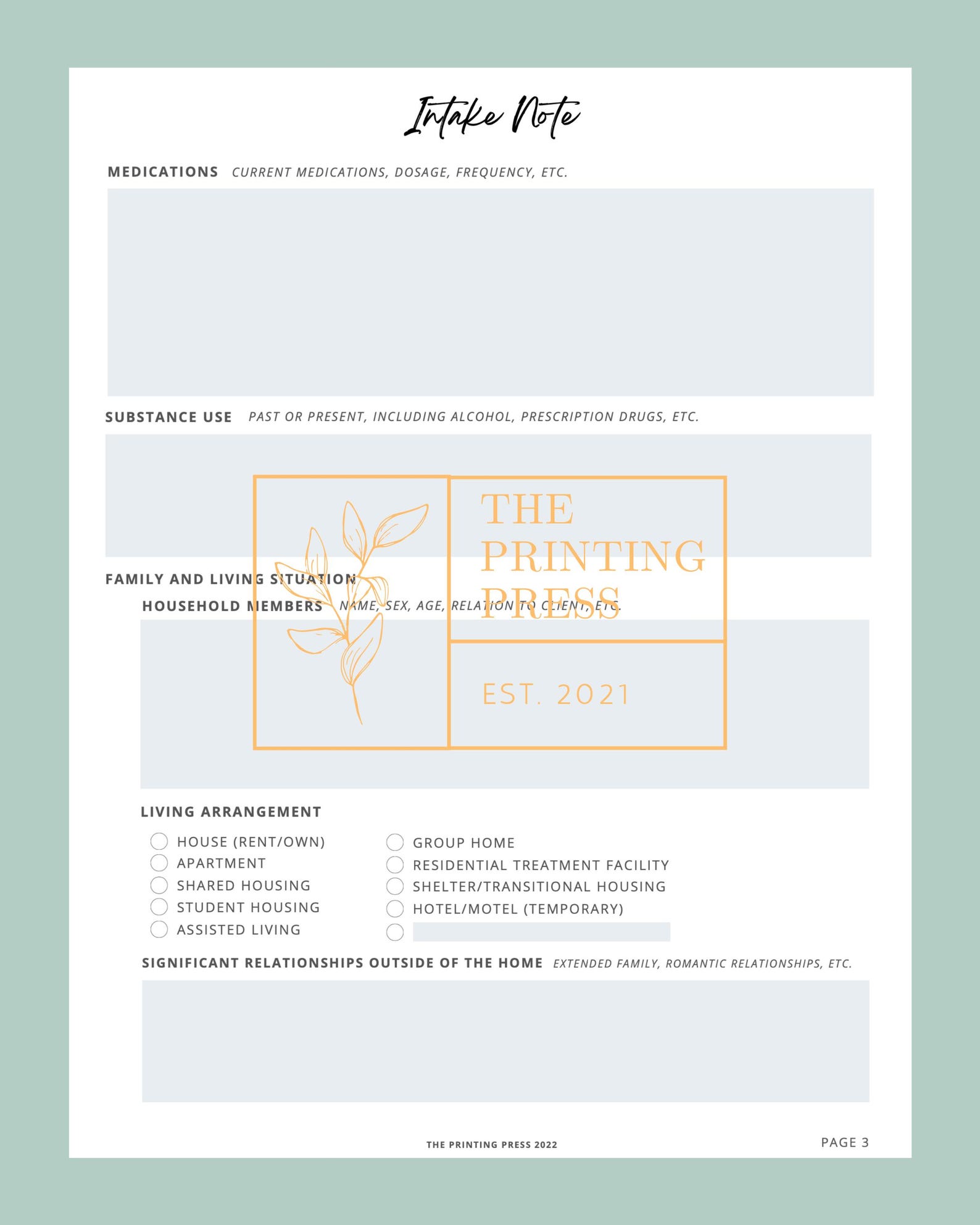 Fillable Therapy Intake Note Template, Counseling Form (PDF Download ...