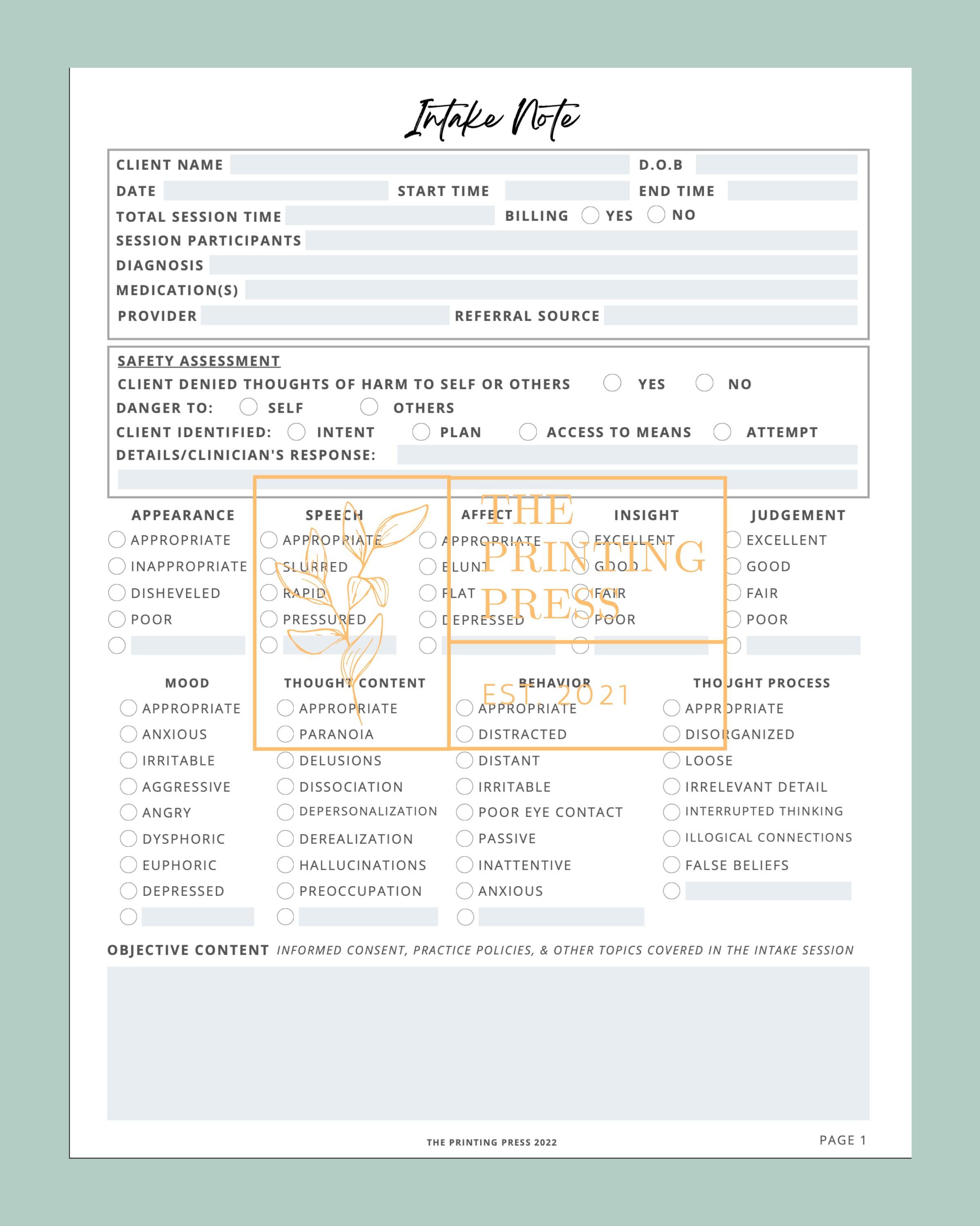 Fillable Therapy Intake Note Template, Counseling Form (PDF Download ...