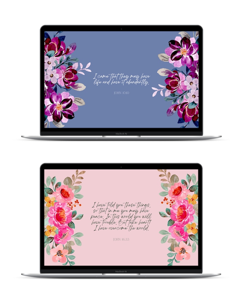 May include: Two laptop computer screens with floral designs and inspirational quotes from the Bible. The top screen has a blue background with a quote from John 10:10, "I came that they may have life and have it abundantly." The bottom screen has a pink background with a quote from John 16:33, "I have told you these things, so that in me you may have peace. In this world you will have trouble. But take heart! I have overcome the world."