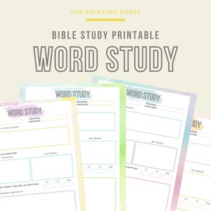 May include: Four printable word study worksheets with a watercolour background in shades of pink, yellow, green, and blue. Each worksheet has sections for the word, definitions, original language, references in scripture, number of times it occurs in scripture, and notes.