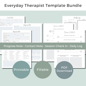 Pode incluir: Pacote de modelos Everyday Therapist com documentos PDF imprimíveis e preenchíveis. Inclui formulários de notas de progresso, notas de contato, check-in de sessão e registro diário com caixas de seleção e linhas para escrever.