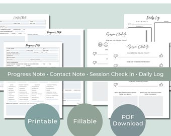 May include: Everyday Therapist Template Bundle featuring printable and fillable PDF documents. Includes Progress Note, Contact Note, Session Check-In, and Daily Log forms with checkboxes, lines for writing, and mood tracking sections on white paper.