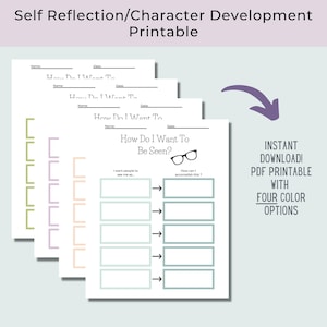 May include: A self-reflection and character development printable worksheet featuring the title How Do I Want To Be Seen? with a glasses icon. The document includes fields for name, date, and two columns with boxes for personal goals.