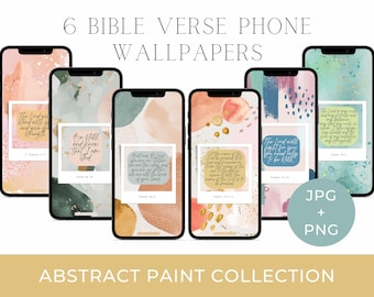 Puede incluir: Seis fondos de pantalla para teléfono con fondos de pintura abstracta y versículos bíblicos inspiradores. Los versículos están en cuadros de texto blancos con bordes negros. Los fondos son en tonos de rosa, azul, verde y marrón.