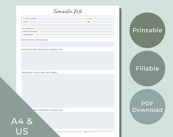 Therapy Termination Note Template, Fillable Counseling Form (Digital Download)